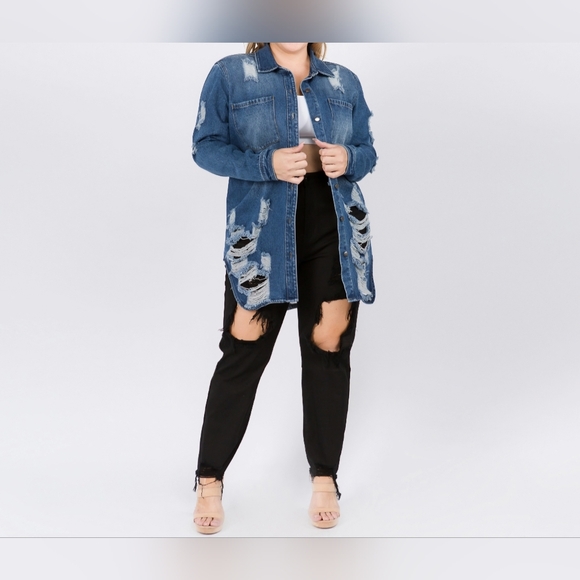 #219 FINAL PRICE 🛑S,M,L Long Length DISTRESSED DENIM JACKET TOP - Picture 9 of 9